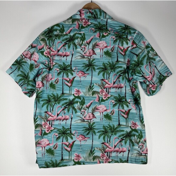 Benny's Hawaiian Shirt Men's Medium Blue Pink Flamingo Palm Tree Tropical Aloha - Picture 4 of 7